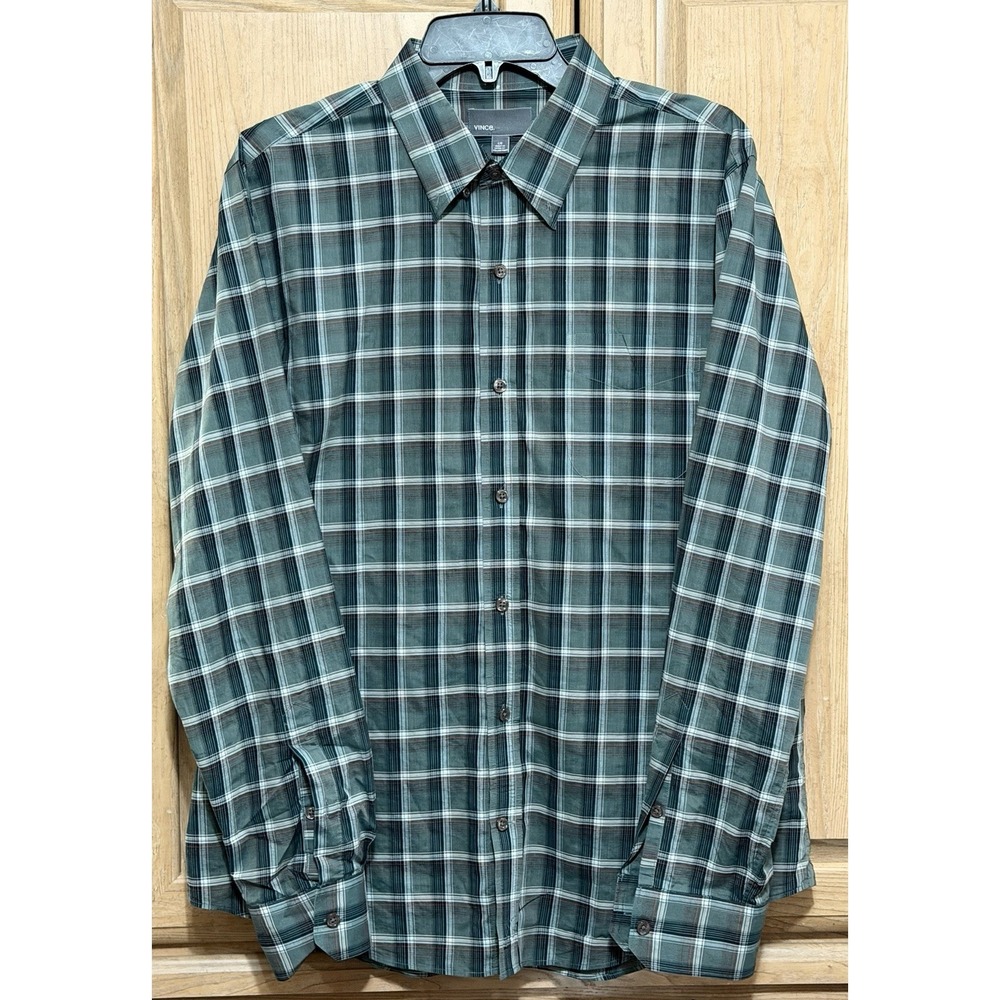 VINCE. Dress Shirt Men's Size Large Green Plaid Long Sleeve Button Down Cotton